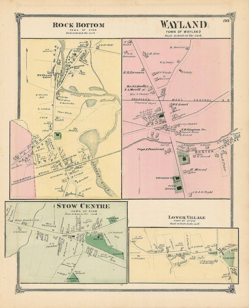 Villages of STOW and WAYLAND Massachusetts 1875 Map Etsy