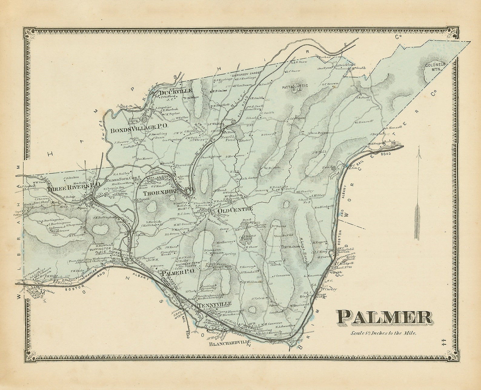 Town of PALMER Massachusetts 1870 Map Etsy