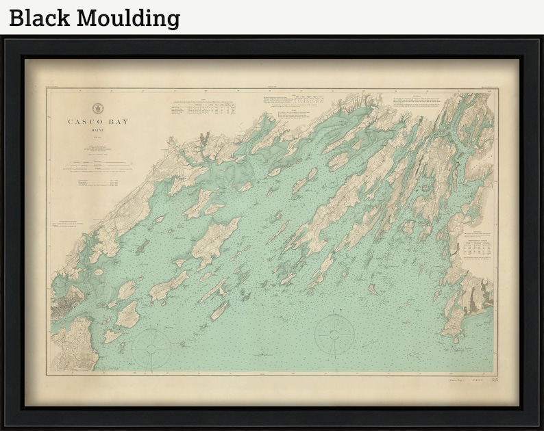 May include: A vintage map of Casco Bay, Maine, printed in black and white with a light blue color for the water. The map shows the coastline and islands of the bay, with detailed markings for navigational purposes. The title "Casco Bay, Maine" is printed at the top of the map.