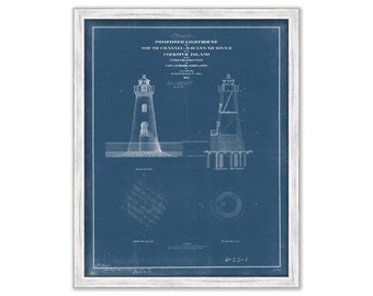 COCKSPUR ISLAND LIGHTHOUSE, Savannah River, Georgia -   Blueprint Drawing and Plan of the Lighthouse as it was in 1855.