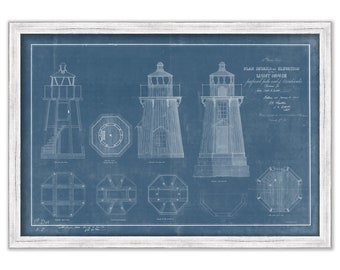 PORTLAND BREAKWATER LIGHT aka Bug Light, Maine  - Blueprint Drawing and Plan of the Lighthouse as it was in 1855.