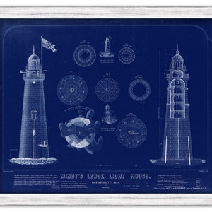 May include: A vintage blueprint illustration of Minot's Ledge Lighthouse in Massachusetts Bay. The blueprint shows the lighthouse's exterior and interior design, including its foundation, lantern, and surrounding rocks. The blueprint is printed on a blue background.