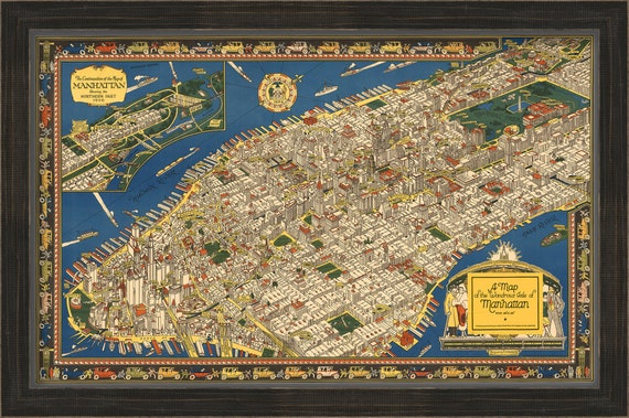 MANHATTAN, New York - 1927 Pictorial Map - Etsy