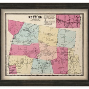 May include: An antique map of the Town of Redding, Fairfield Co. Conn. The map is divided into sections with different colors, showing the different districts of the town. The map also includes a key with the names of the different districts and the names of the roads and streets.