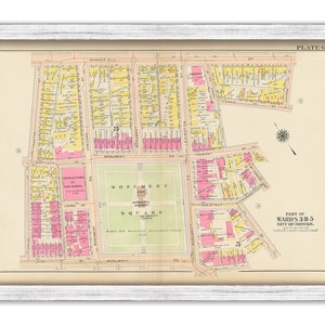 May include: A vintage map of part of Wards 3 & 5 in the City of Boston, Massachusetts. The map is printed on cream-colored paper and features a detailed layout of streets and blocks. The map is titled "PLATE 6" and includes a compass rose in the upper right corner.