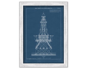 FOWEY ROCK LIGHTHOUSE, Miami, Florida  -   Blueprint Drawing and Plan of the Lighthouse as it was in 1875.