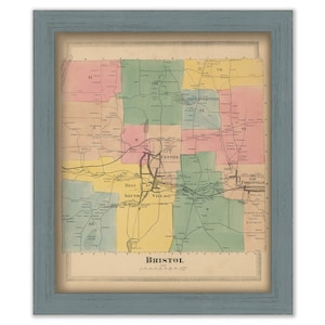 May include: A vintage map of Bristol, Connecticut, showing the different districts and neighborhoods. The map is printed in black and white with colored borders for each district. The map is framed in a light blue frame.