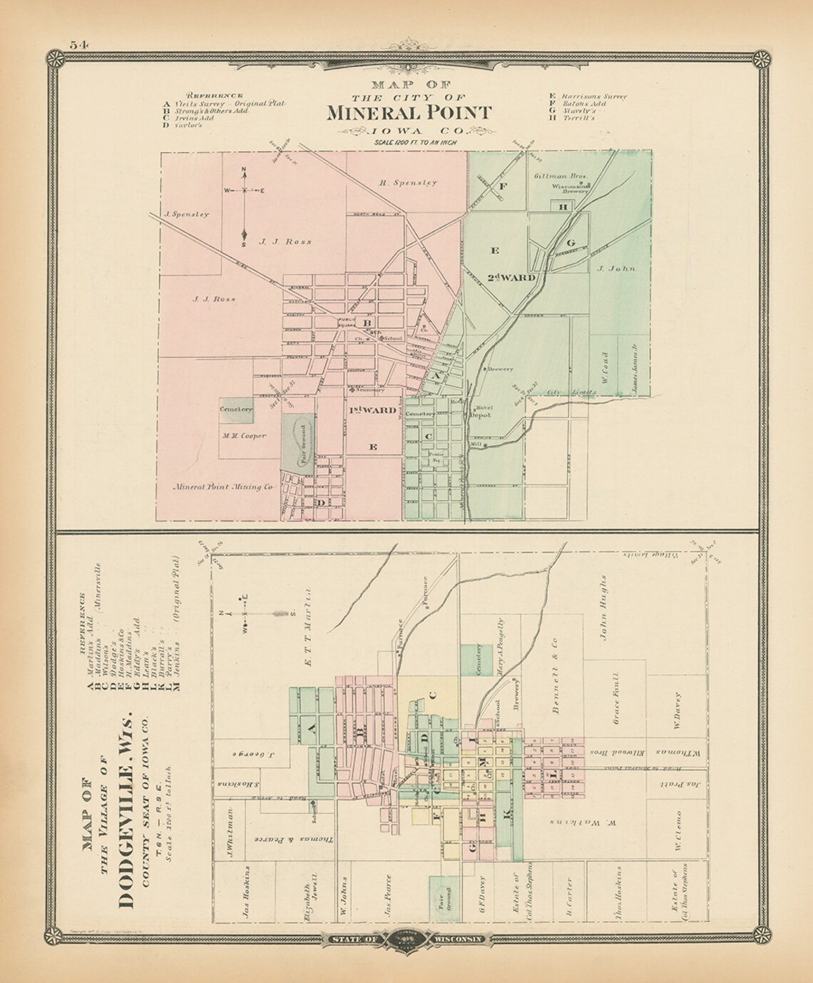MINERAL POINT and DODGEVILLE Wisconsin 1878 Map Replica or Etsy