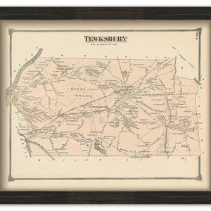 May include: An antique map of Tewksbury, Massachusetts, printed in black and white with a light pink background. The map shows roads, rivers, and the names of towns and landmarks. The title "TEWKSBURY" is printed at the top of the map.