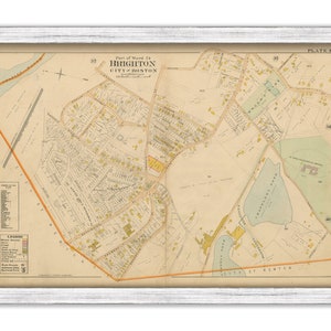 May include: An antique map of Brighton, a neighborhood in Boston, Massachusetts. The map shows streets, parks, and buildings. The map is printed on cream-colored paper with brown and orange lines. The map is titled "Part of Ward 24 Brighton City of Boston" and is labeled "Plate 38."