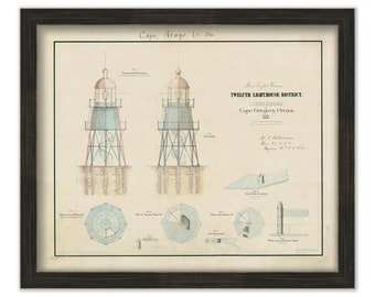 CAPE ARGO LIGHTHOUSE, Coos Bay, Oregon  -  Drawing and Plan of the Lighthouse as it was in 1866.
