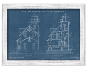 SISTER ISLANDS LIGHTHOUSE, Saint Lawerance River, New York  -   Blueprint Drawing and Plan of the Lighthouse as it was in 1869.