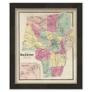 May include: An antique map of Danbury, Connecticut, printed in black and white with colored sections. The map shows the town's layout with roads, rivers, and landmarks. The title "Town of Danbury" is printed at the bottom of the map.