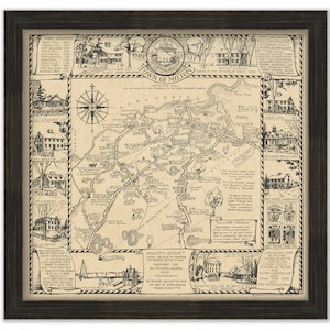 May include: A black and white historical map of the Town of Milton, Massachusetts. The map shows the town's boundaries, roads, and landmarks, including the location of the "Unquity-Quisset" land grant. The map also includes a compass rose and a key to the map's symbols.