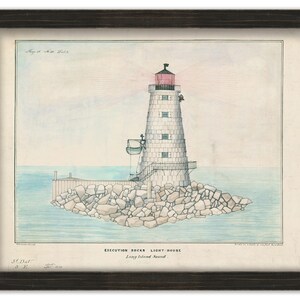 May include: A vintage illustration of a lighthouse on a rocky island. The lighthouse is white with a red roof and a beam of light shining from the top. The text below the image reads "EXECUTION ROCKS LIGHT-HOUSE Long Island Sound."
