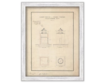 Salem Harbor, DERBY WHARF LIGHTHOUSE, Massachusetts  -  Drawing and Plan of the Lighthouse as it was in 1872