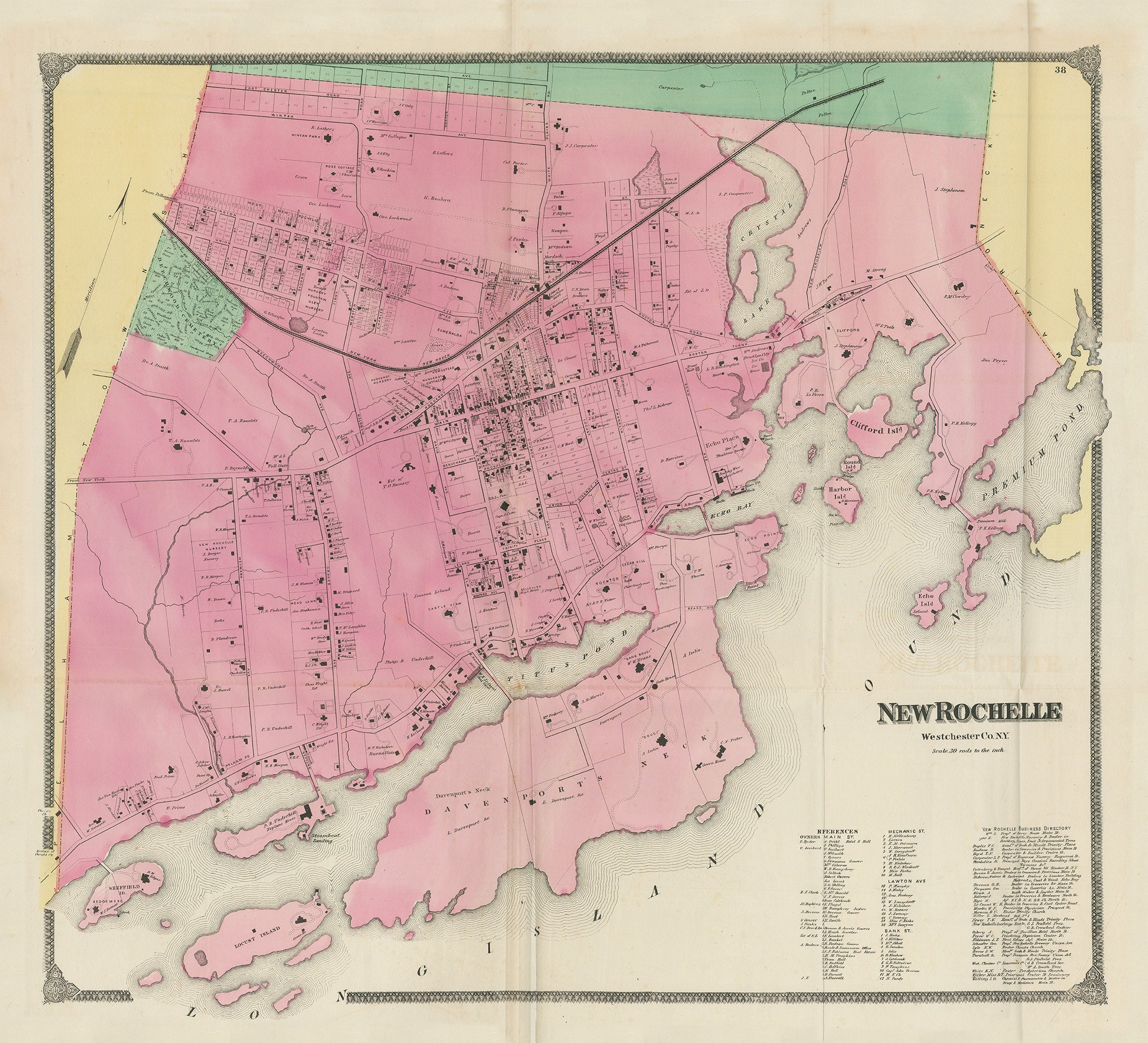 Village of NEW ROCHELLE, New York 1868 Map