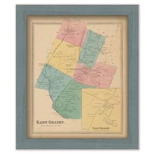 May include: A vintage map of East Granby, Connecticut, showing the different districts of the town. The map is printed in shades of pink, yellow, green, and blue, with black lines for roads and rivers. The text "East Granby" is printed at the bottom of the map.