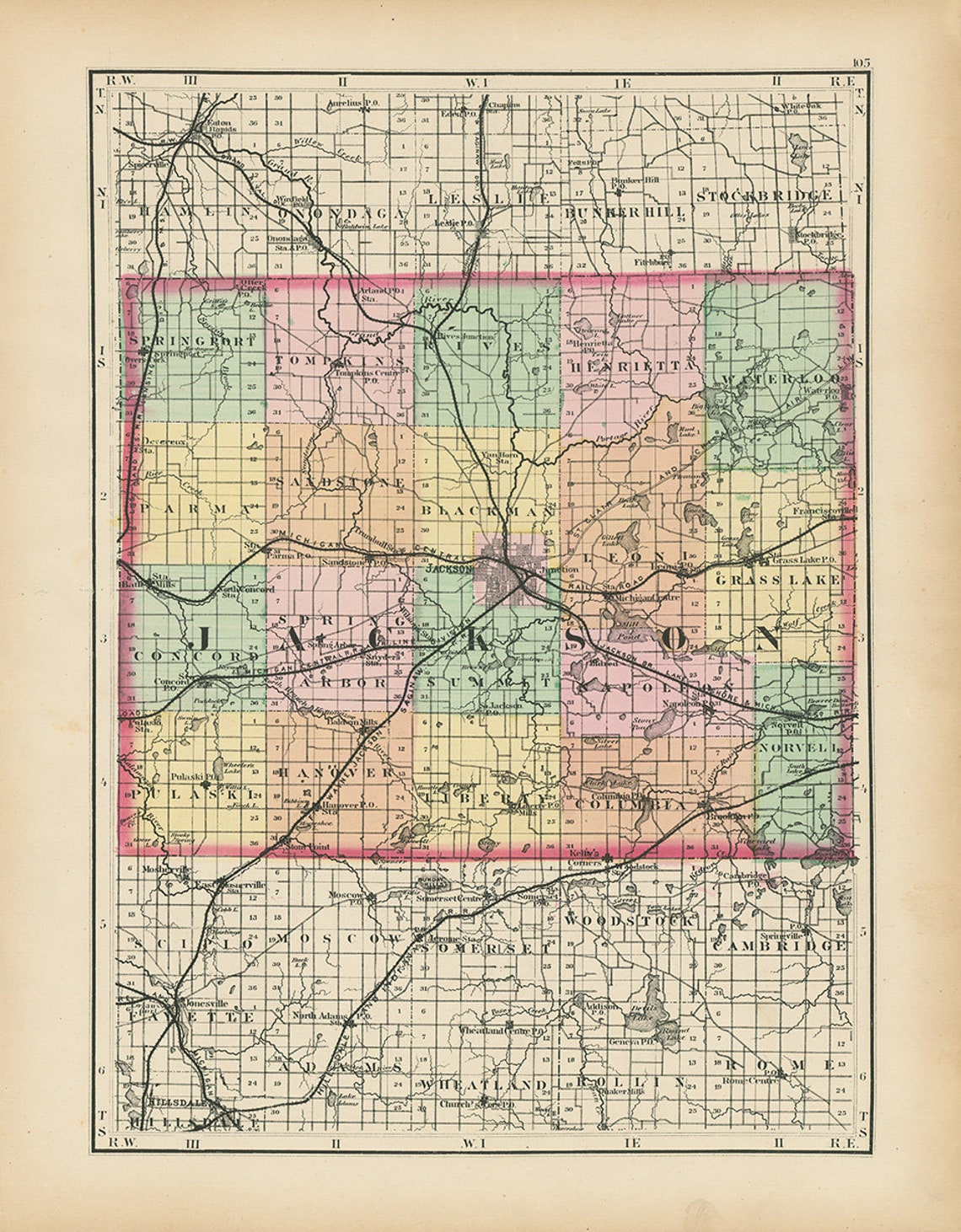 JACKSON COUNTY Michigan 1873 Map Replica or Genuine Etsy