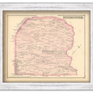 May include: An antique map of Bedminster, New Jersey, with a pink outline of the township and the names of various towns and locations within the township.