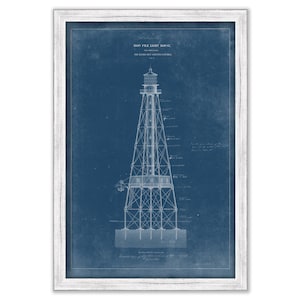 May include: A blueprint style illustration of the Bay Pile Light House, built in 1878, on a blue background.