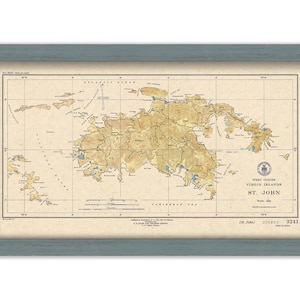 May include: A vintage map of St. John in the Virgin Islands. The map is printed on a cream-colored paper with brown and green lines and text. The map shows the island's coastline, rivers, and mountains. The title "West Indies Virgin Islands St. John" is printed in the bottom right corner.
