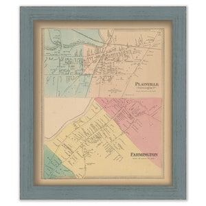 May include: An antique map of Plainville and Farmington, Connecticut. The map is printed on paper and framed in a light blue wood frame. The map shows the streets and roads of the two towns, as well as the surrounding area. The map is dated 1873.