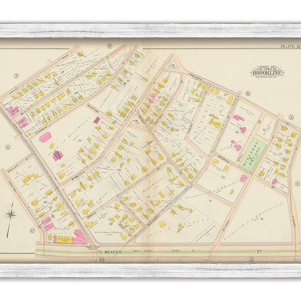 BROOKLINE, Massachusetts 1900 map, Plate 13 - Beacon and Harvard Streets, Coolidge Corner - Replica or GENUINE ORIGINAL