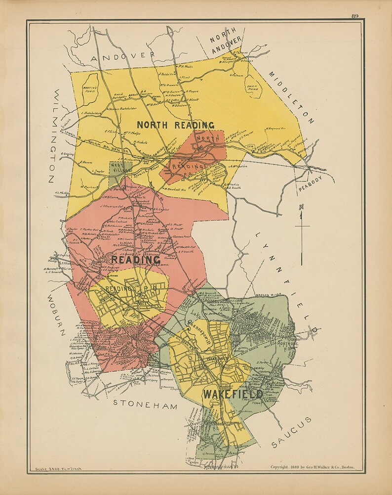 North Reading Reading and Wakefield Massachusetts 1889 Map Etsy