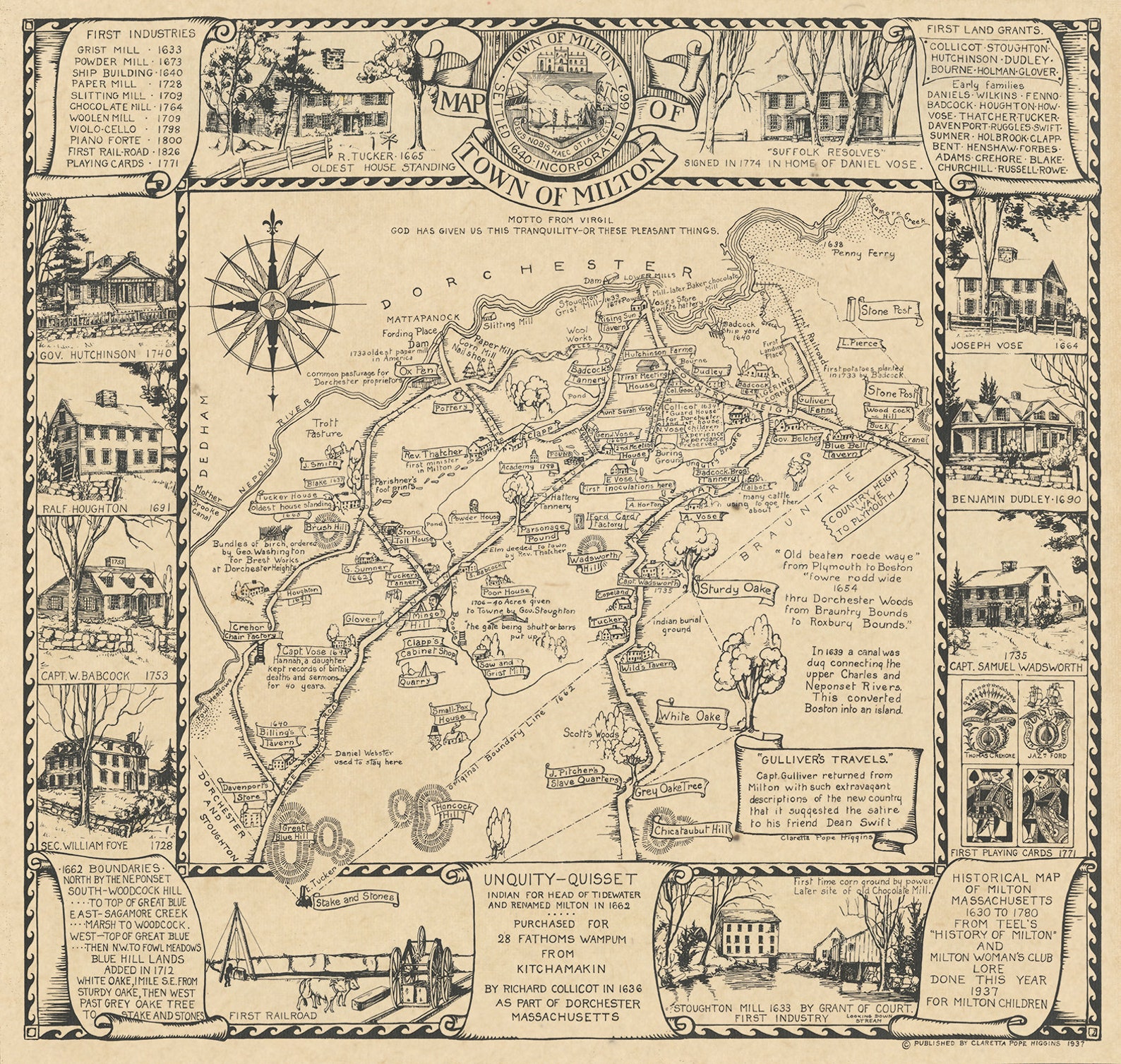 MILTON Massachusetts 1937 Historical/Pictorial Map  Etsy