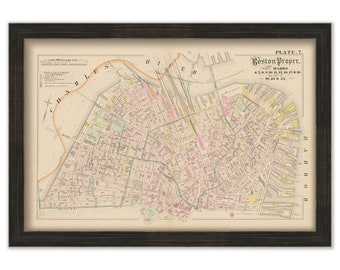 BOSTON, Massachusetts 1882 Map - Replica or Genuine ORIGINAL - North End, West End, Beacon Hill, Faneuil Hall Market