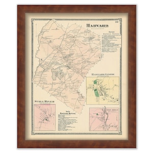 May include: An antique map of Harvard, Massachusetts, with a detailed outline of the town and surrounding areas. The map includes a key with business notices and a title that reads "Harvard 36".