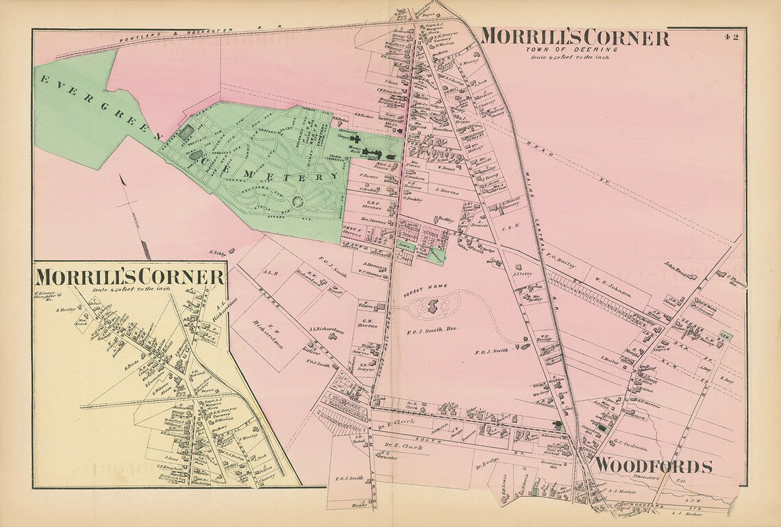 MORRILL'S CORNER and WOODFORD Maine 1871 Map Replica or Etsy