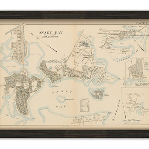 May include: An antique map of Onset Bay and vicinity, showing the town of Wareham, Massachusetts. The map features detailed street layouts, landmarks, and water features, including Onset Bay, Buzzards Bay, and Point Independence. The map is printed on aged paper with a cream background and black text.