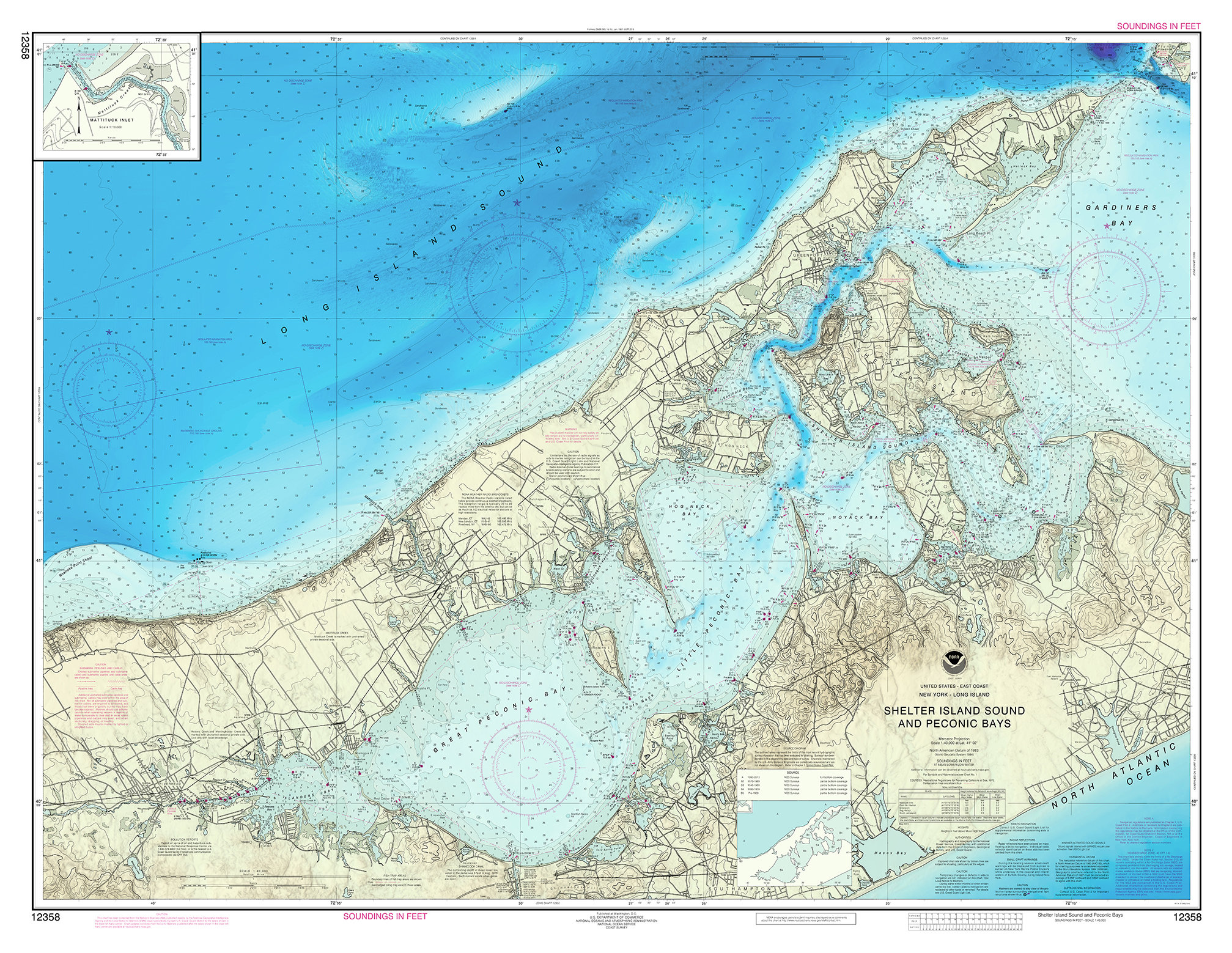SHELTER ISLAND sound and PECONIC bays, Long Island, New York Nautical Chart Elevation and
