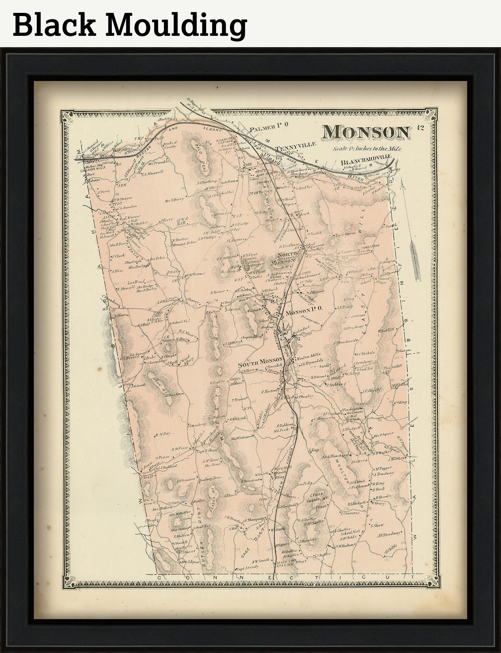 Town of MONSON, Massachusetts 1870 Map