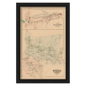 May include: A vintage map of Wareham, Marion, and Mattapoisett, Massachusetts. The map is printed in black and white with red and green accents. The map shows the towns' streets, roads, and waterways. The map is framed in a black frame.