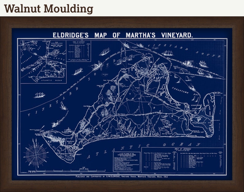 May include: A vintage map of Martha's Vineyard, printed in white on a dark blue background. The map shows the island's coastline, towns, and roads. The title "Eldridge's Map of Martha's Vineyard" is printed at the top of the map. The map was published in 1913.