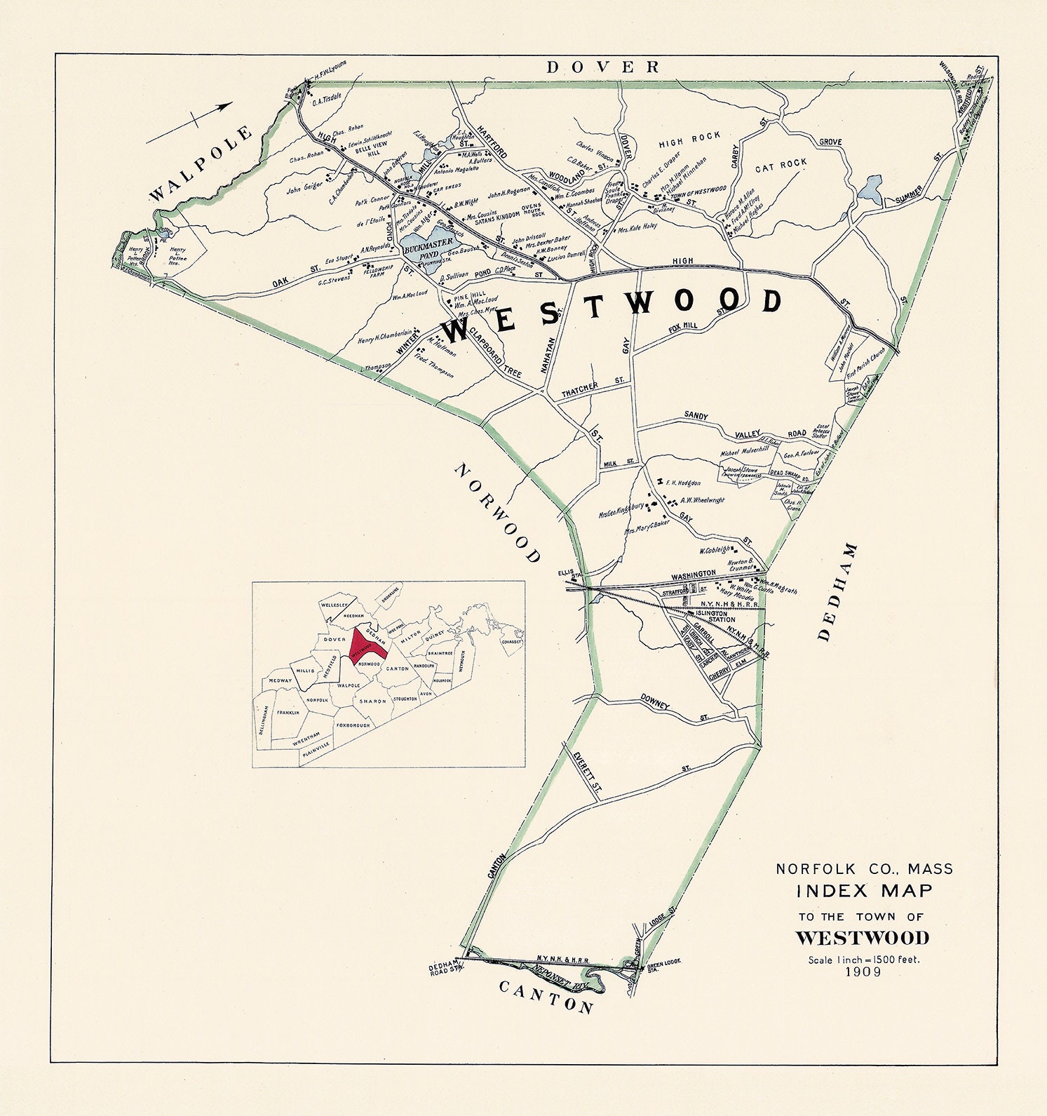 WESTWOOD, Massachusetts 1909 Map - Replica or GENUINE ORIGINAL