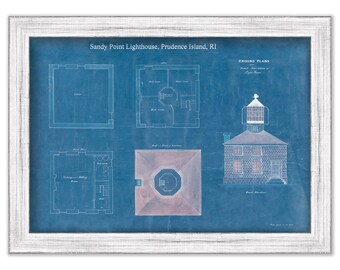 Sandy Point Lighthouse, Prudence Island, RI - Architectural Drawing Blueprint 1852