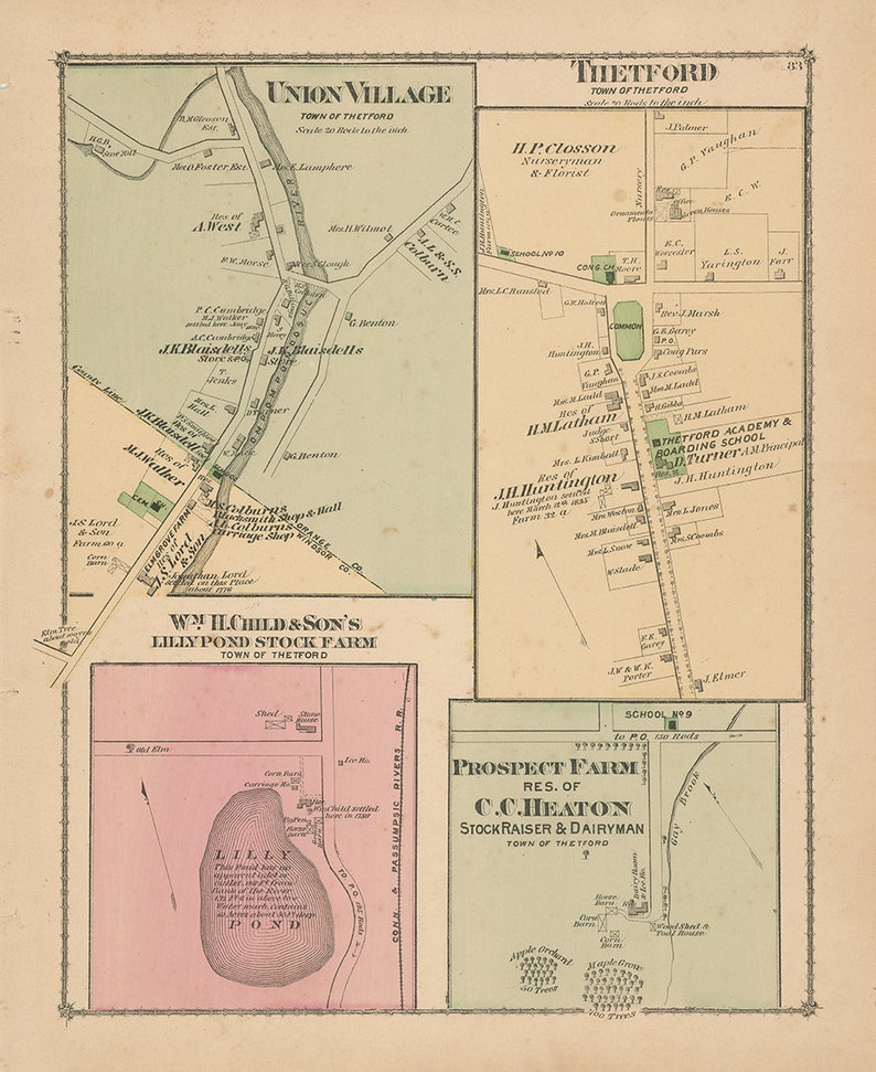 Villages of THETFORD Vermont 1877 Map Replica or Genuine Etsy