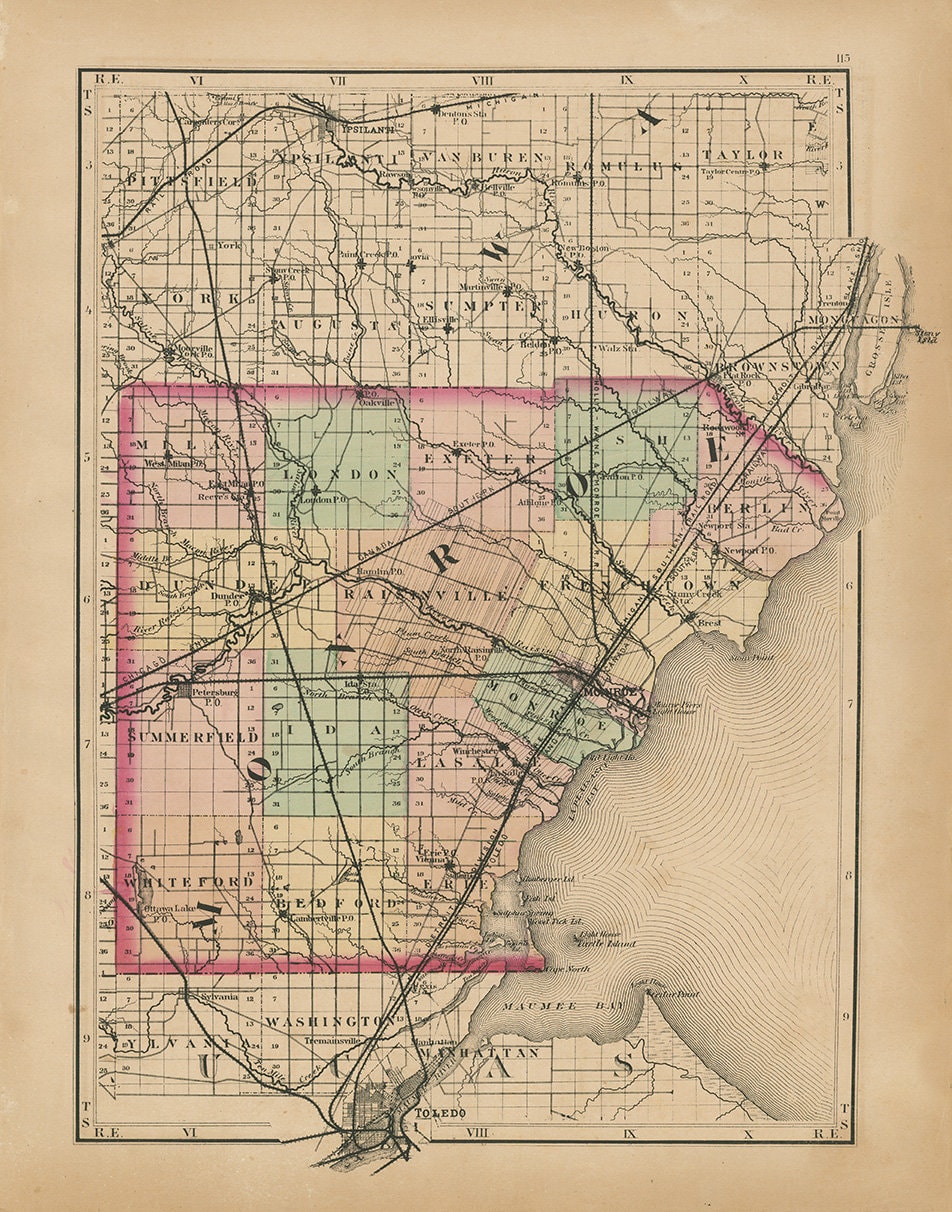MONROE COUNTY, Michigan 1873 Map Replica or Genuine Original
