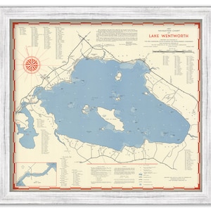 May include: A vintage 1951 navigation chart of Lake Wentworth, New Hampshire. The chart includes a detailed map of the lake with islands, shorelines, and depths. It also includes a compass rose, a scale, and a legend.