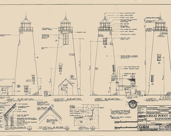 GREAT POINT LIGHTHOUSE, Nantucket, Massachusetts  -  Drawing and Plan of the Lighthouse 1985 Restoration Project