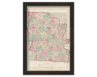 WORCESTER COUNTY, Massachusetts 1871 Map by Walling and Gray - Replica or Genuine Original