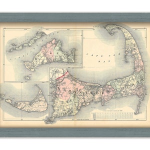 May include: An antique map of Cape Cod, Massachusetts, with a detailed outline of the coastline and surrounding islands. The map is printed in shades of blue, green, and pink, with red lines indicating roads and boundaries. The title "BARNSTABLE COUNTY" is printed in large letters at the bottom of the map.