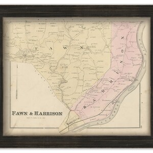 May include: An antique map of Fawn & Harrison, West Virginia, printed in black and white with a pink highlight for the Harrison County area. The map shows the location of towns, rivers, and roads. The map is framed in a black wood frame.