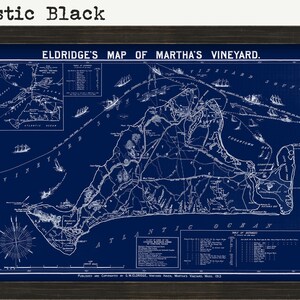 May include: A vintage map of Martha's Vineyard, printed in white on a dark blue background. The map shows the island's coastline, towns, and roads. The title "Eldridge's Map of Martha's Vineyard" is printed at the top of the map. The map was published in 1913.