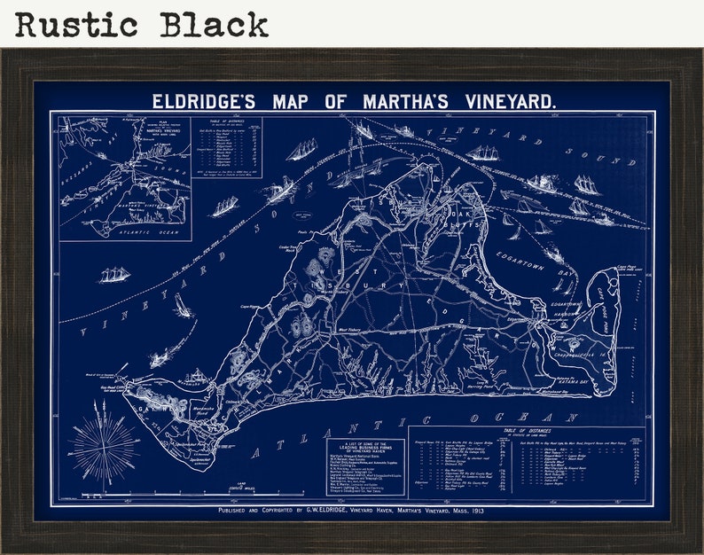May include: A vintage map of Martha's Vineyard, printed in white on a dark blue background. The map shows the island's coastline, towns, and roads. The title "Eldridge's Map of Martha's Vineyard" is printed at the top of the map. The map was published in 1913.