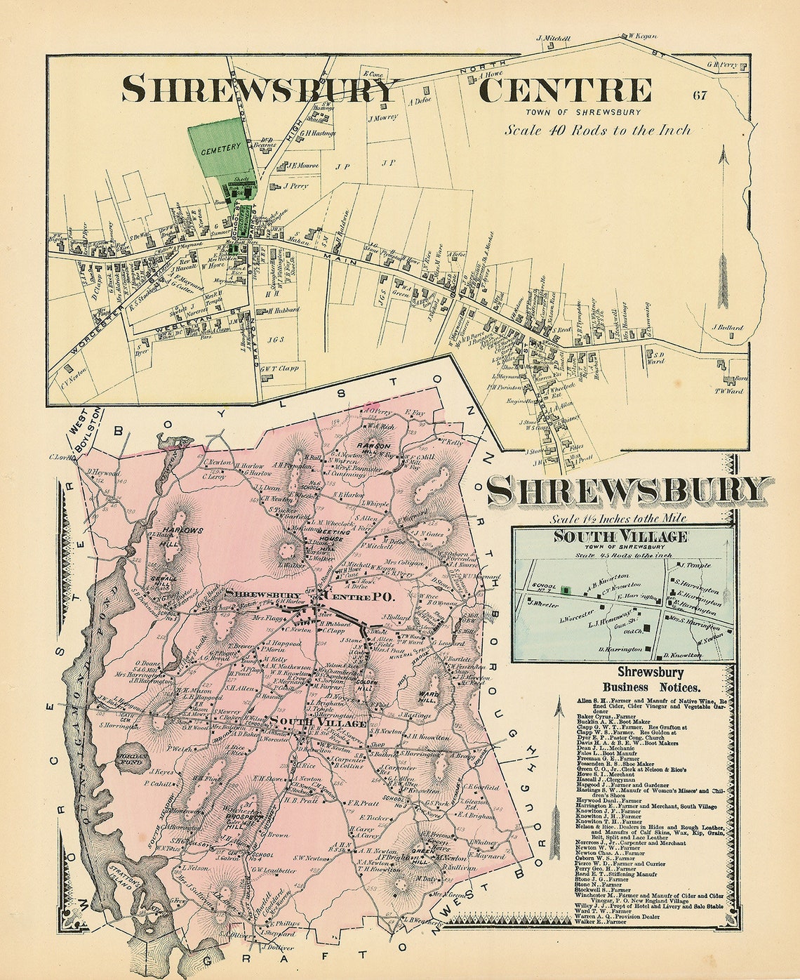 Town of SHREWSBURY Massachusetts 1870 Map Etsy